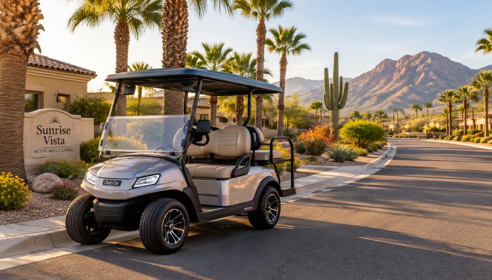 Golf cart parked on a palm-lined street in an Arizona community